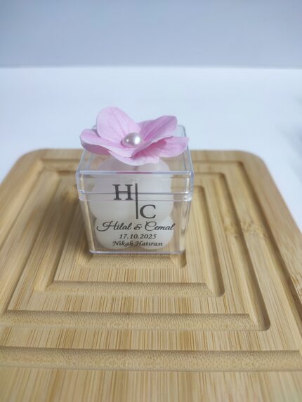 Pembe Ortanca Çiçek Mika Kutu içerisinde Bubble Mum