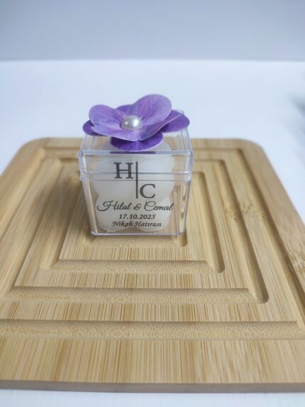 Mor Ortanca Çiçek Mika Kutu içerisinde Bubble Mum